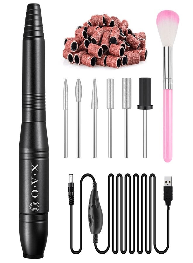 OVX Professional 20000 RPM USB Nail Drill Efile Kit for Acrylic Nails - Manicure & Pedicure Polishing with 6 PCS Nail Drill Bits, Sanding Bands and Brush, Black - Image 1
